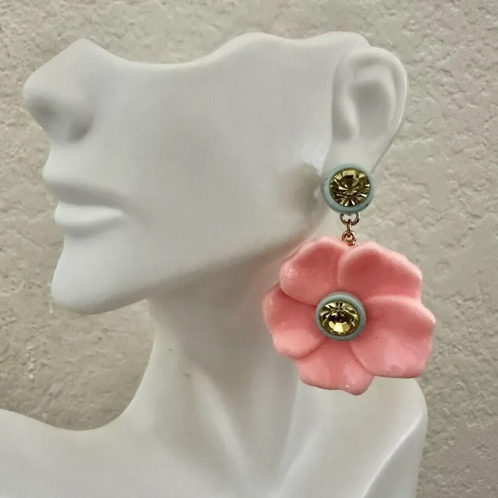 Pink and blue flower drop earrings